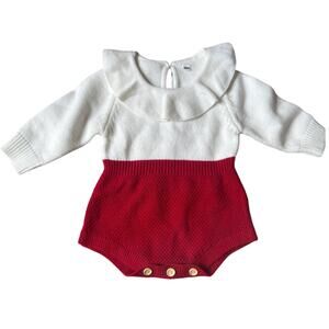 Red + White Ruffle Knit Romper | Size 80 (EU) / 12M (US)